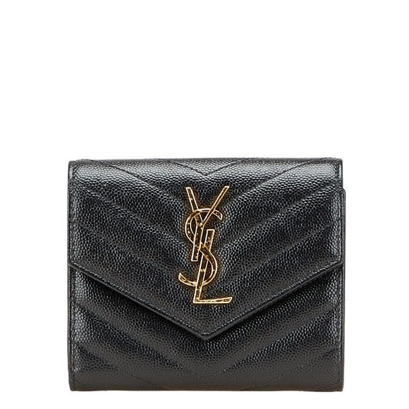 Saint Laurent Leather V Wallet Tri YSL Stitch Black - Picture 1 of 8